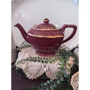 Hall China Maroon Burgundy Gold Filigree 6 Cup Teapot Vintage Made in USA 0118